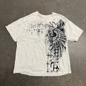 Urban Legends Mens XL Graphic T-Shirt Cream Gothic Cross Griffin Y2K Streetwear